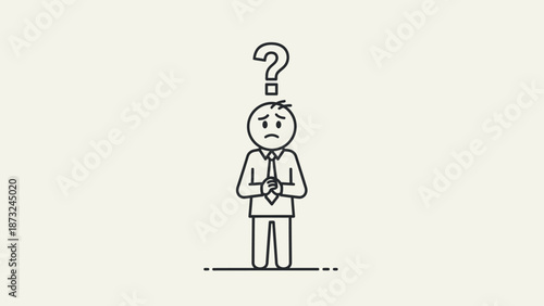 Anxious Stick Figure Businessman Standing with a Question Mark Above His Head, Expressing Uncertainty and Worry in Bright Studio.