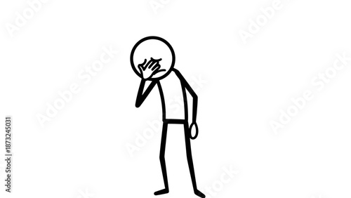Worried Stick Figure Man Holding His Head in Despair, Feeling Stressed and Disappointed in Bright Studio.