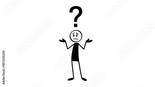 Stick figure man shrugging shoulders with sad expression, large question mark above head, conveying deep uncertainty, isolated white background.