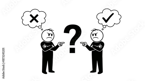 Two solid black stick figure men pointing at question mark, showing conflicting opinions with thought bubbles, isolated white background.