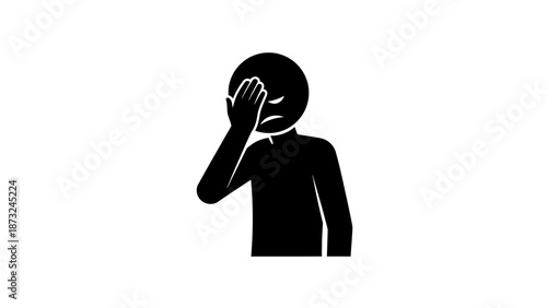 Solid black stick figure man covering face with hand, expressing deep sadness and despair, isolated white background.