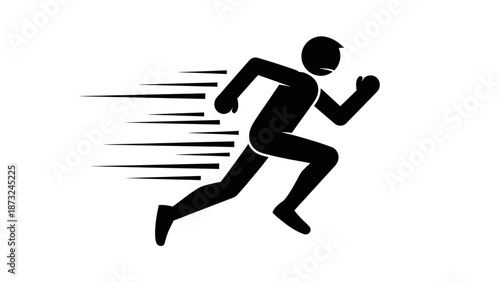 Solid black stick figure man running fast with speed lines, depicting rapid motion and urgency, isolated white background.