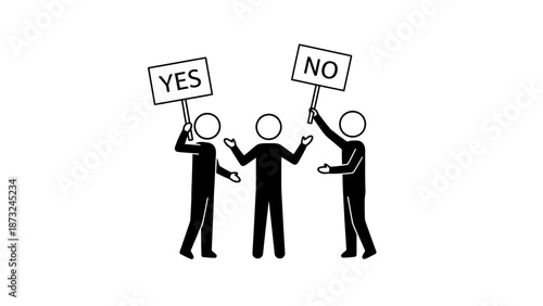 Three stick figure men protesting, expressing disagreement with "YES" and "NO" signs, isolated white background.