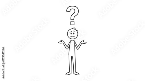 Stick figure man shrugging shoulders with sad and confused expression, question mark above head, isolated white background.