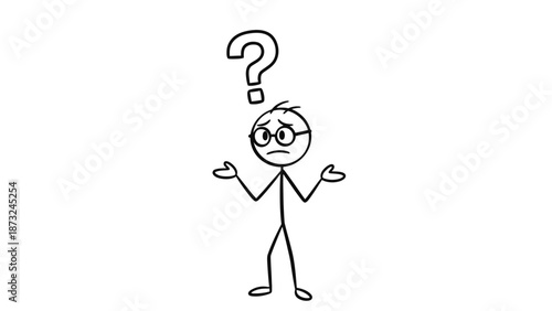Stick figure man with glasses shrugging shoulders, confused expression with question mark above head, isolated white background.