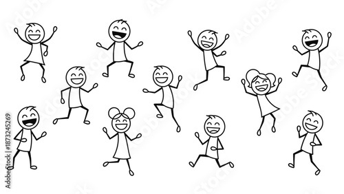Energetic group of happy stick figure children jumping and playing joyfully on an isolated white background, full of youthful exuberance.