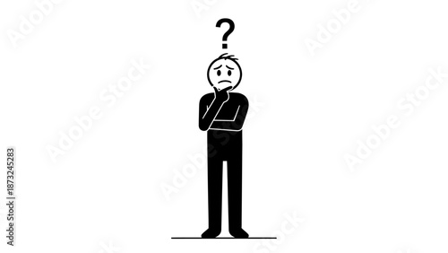 Thoughtful stick figure person with arms crossed and a question mark above head, pondering a decision or problem on an isolated white background.