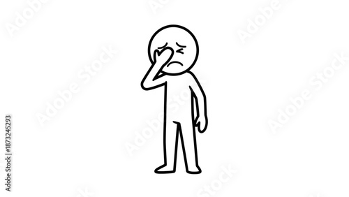 Unwell stick figure person rubbing nose, indicating sickness, discomfort, or disgust on an isolated white background.