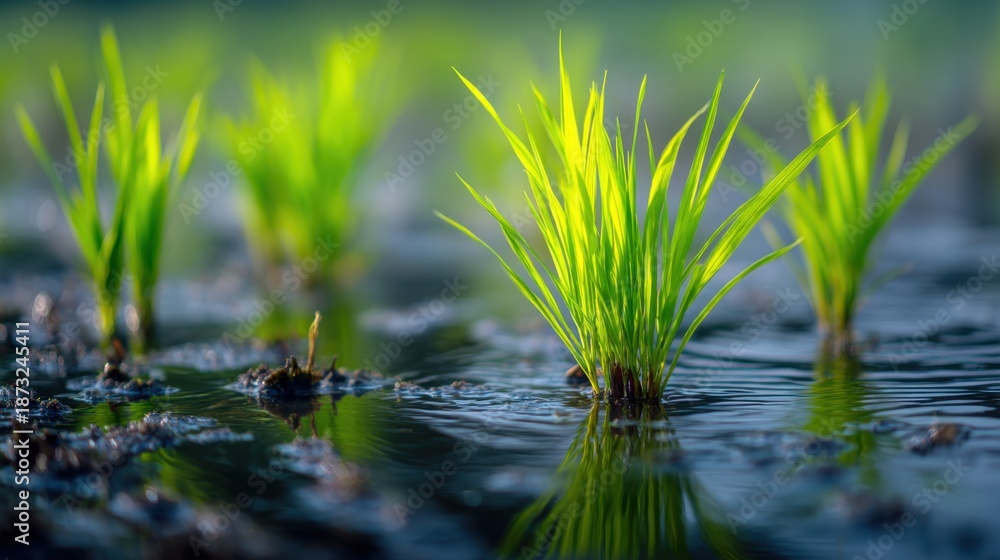 Obraz premium Young Green Rice Plants Growing in Fresh Water Under Bright Light in Lush Agricultural Landscape