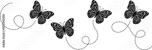 PrintBlack butterfly silhouettes with dotted flight path trails, monarch insect icons on white background, minimalist nature vector graphic design elements.