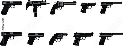 PrintBlack handgun silhouettes collection featuring modern pistols revolvers submachine guns and pocket firearms isolated on white background for tactical design projects