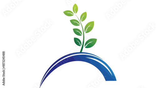 Green Plant Growing on Blue Curve, Symbolizing Growth and Sustainability