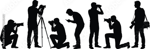 Black silhouette set of professional photographers taking photos with cameras, tripods, and binoculars, including various standing and kneeling poses, isolated
