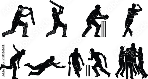 PrintBlack Vector Silhouette Set of Cricket Players in Action Featuring Batsmen, Bowlers, Wicketkeepers, Fielders, and Team Celebration for Sports Design.