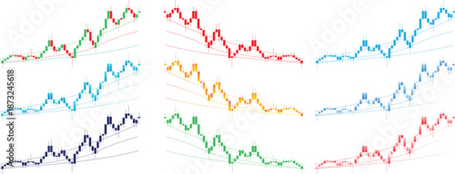 Stock Market Candlestick Chart Set with Technical Analysis Lines Trading Graph Collection vector