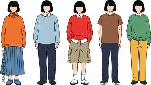 Casual outfit character set with varied clothing styles, diverse fashion looks, flat design for apparel and style concepts.