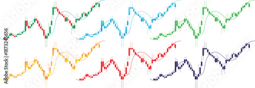 Colorful Financial Trading Chart Collection with Candlestick Patterns and Moving Averages