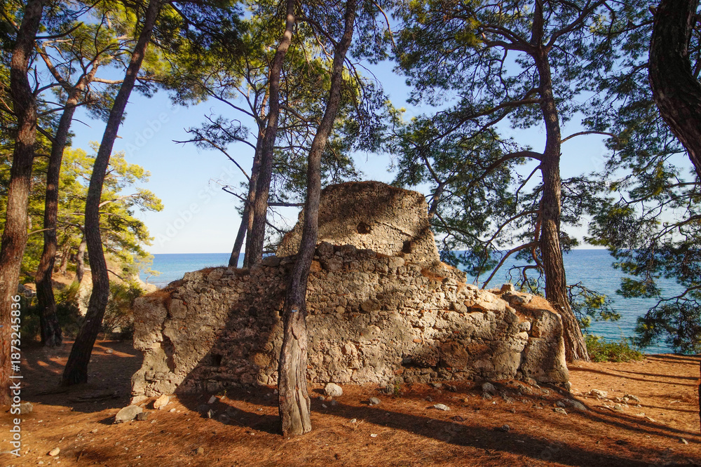 Obraz premium Hiking in Turkey: Lycian Way, coastal hike on the Turkish Riviera with beautiful views. Phaselis antique archaeological site in Turkey Kemer Antalya