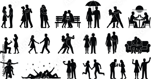 PrintRomantic couple silhouette icons set featuring dating, wedding proposal, dancing, picnic, stargazing, and walking together, isolated on white background for design