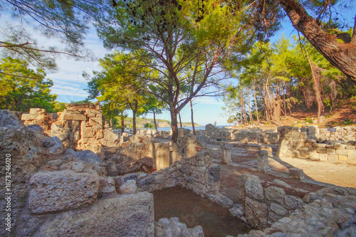 Hiking in Turkey: Lycian Way, coastal hike on the Turkish Riviera with beautiful views. Phaselis antique archaeological site in Turkey Kemer Antalya