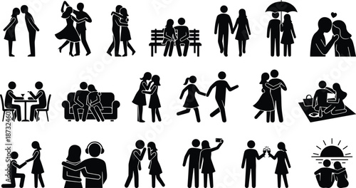 PrintRomantic couple stick figure icons set, including dating, dancing, kissing, marriage proposal, and picnic activities, isolated on white background silhouette