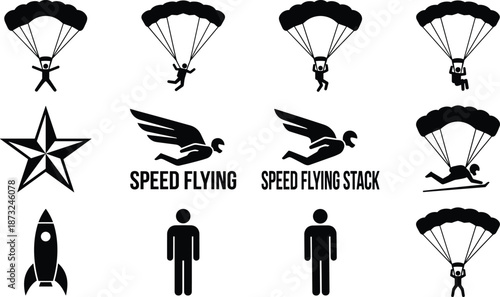 PrintSet of black paragliding silhouettes and extreme sports icons featuring skydivers, parachutes, speed flying logos, rockets, and adventure graphic elements