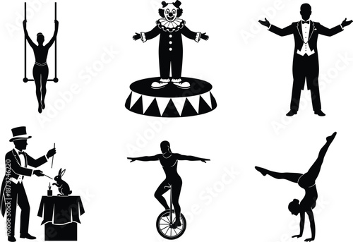 Circus performers silhouette set featuring clown, magician, acrobat, trapeze artist, ringmaster, and unicyclist in black vector illustration style.