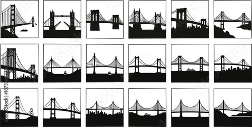 PrintSet of eighteen minimalist black and white bridge silhouette icons featuring famous global landmarks, suspension bridges, and urban engineering designs