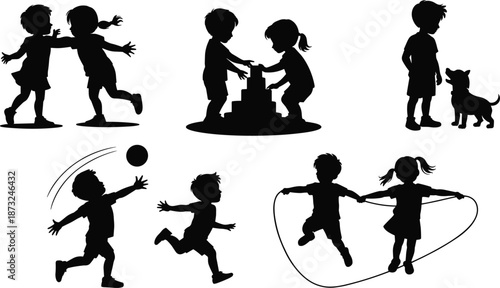PrintSilhouette of happy children playing, jumping rope, throwing ball, building blocks, and walking with puppy dog, isolated on white background