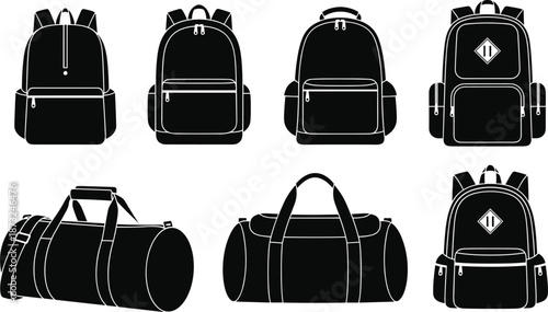   
Collection of modern backpacks and duffel bags in various styles, ideal for travel, fashion, retail, and product design illustrations.