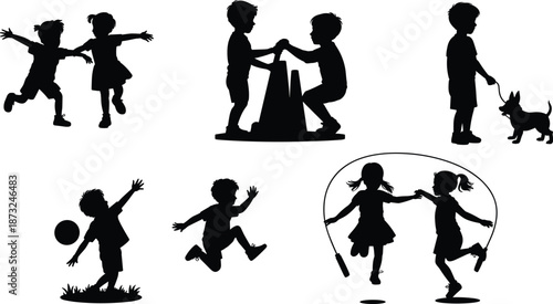 PrintSilhouette of happy children playing, jumping rope, throwing ball, building sandcastle, and walking with puppy dog, isolated on white background
