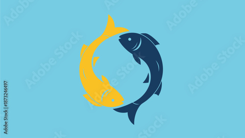 Yin Yang Fish Symbolizing Harmony in Blue and Yellow on Light Blue Background