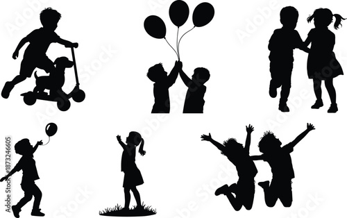 PrintSilhouette of happy children playing, jumping, riding scooter with dog, holding balloons, and celebrating childhood joy isolated on white background