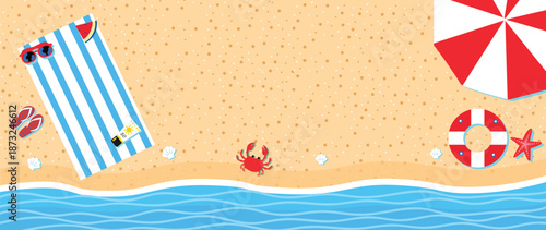 Vector illustration of a sunny beach background with seaside accessories.
