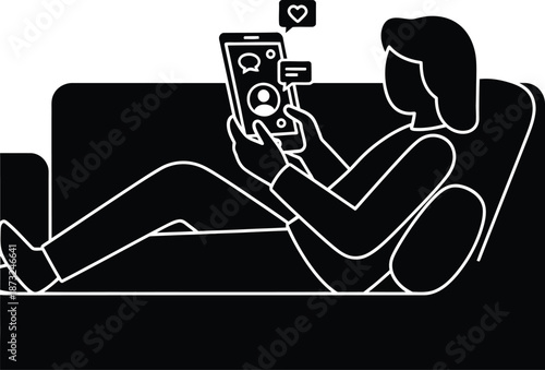 Person relaxing on a couch while engaging with social media notifications including messages and likes on their handheld mobile device illustration