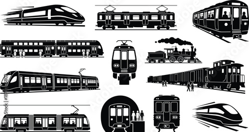 PrintVector Silhouette Icon Set of Public Transportation Featuring High Speed Trains, Subways, Commuter Rails, Steam Locomotives, and Passenger Transit Stations.