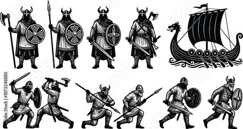 PrintViking warrior silhouettes set with Norse soldiers, medieval longship, ancient weapons, shields, and historical Scandinavian fighters for mythic epic adventure design.