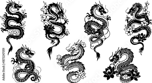 Japanese Dragon and Floral Tattoo Design Set