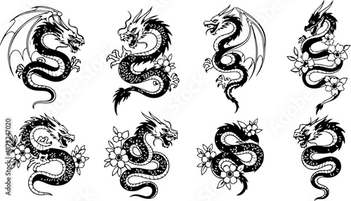 Japanese Dragon and Floral Tattoo Design Set