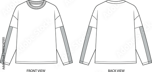 Color-block long sleeve shirt sketch, ribbed crew neck, fashion technical drawing, front and back view, flat vector illustration