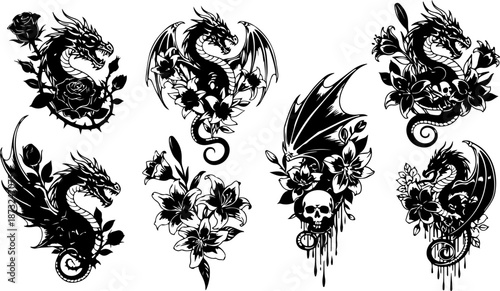 Japanese Dragon and Floral Tattoo Design Set