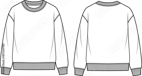Crewneck sweatshirt sketch, long sleeve design, ribbed cuffs and hem, front and back view, fashion technical drawing, flat vector illustration