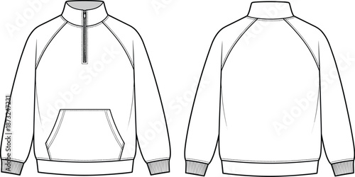 Pullover sweatshirt sketch, raglan sleeve, high collar with zipper, kangaroo pocket, fashion technical drawing, garment layout, flat vector illustration