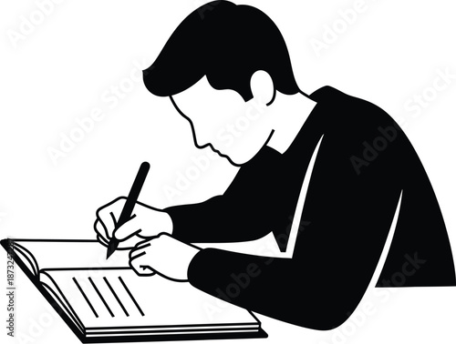 Stylized black and white illustration depicting a focused young man diligently writing notes or signing a document in an open book or journal with a pen in hand