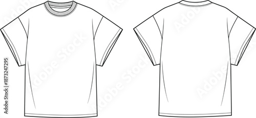 T-shirt sketch, raglan sleeve, crew neck, short sleeve design, front and back view, garment layout, flat vector illustration