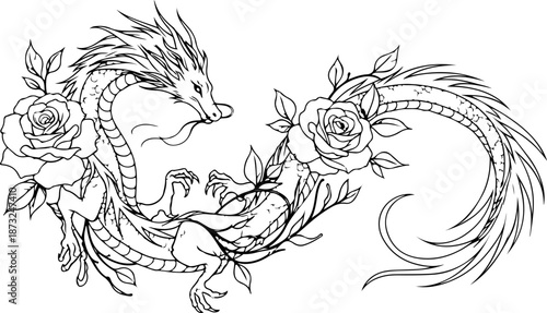 Japanese Dragon and Floral Tattoo Flash Art Collection Set