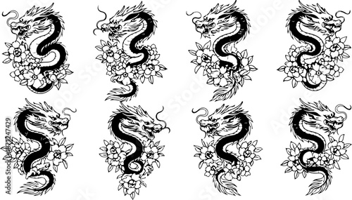 Japanese Dragon and Floral Tattoo Design Set