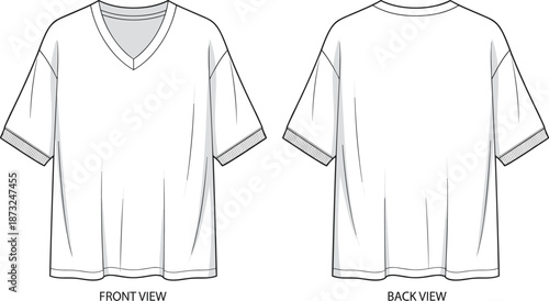 T-shirt sketch, V-neck front, crew neck back, short sleeve design, seam detail, fashion technical drawing, flat vector illustration