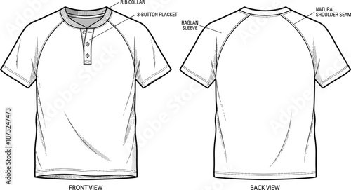 Short sleeve shirt sketch, raglan sleeve, rib collar, 3-button placket, shoulder seam detail, fashion technical drawing, flat vector illustration