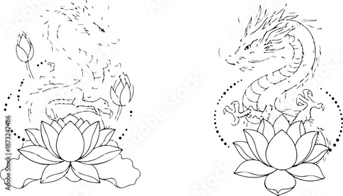 Japanese Dragon and Floral Tattoo Flash Art Collection Set